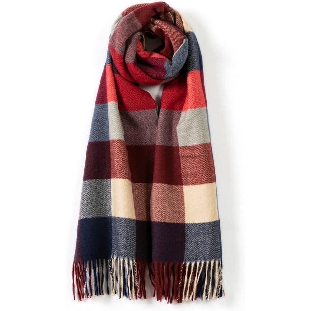 Women's Red Check Wool Scarf Cashmere Feel Winter Checked Scarves Soft Shawls